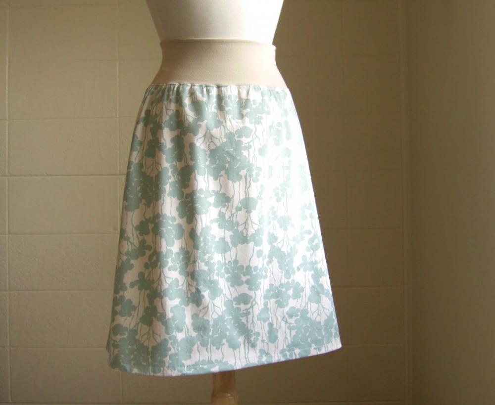 Sea Blue And Cream Floral Print Cotton Aline Skirt